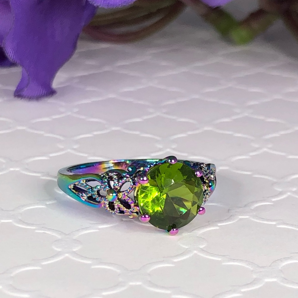 Peridot Ring in Rainbow Plated Sterling Silver Filigree Setting, Simulated Gem